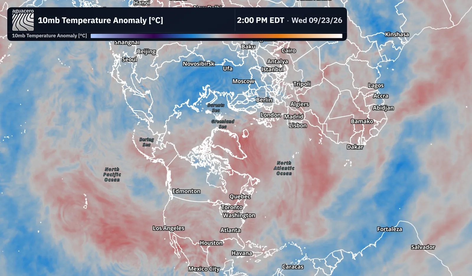 10 mb temperature anomaly on a polar stereographic projection