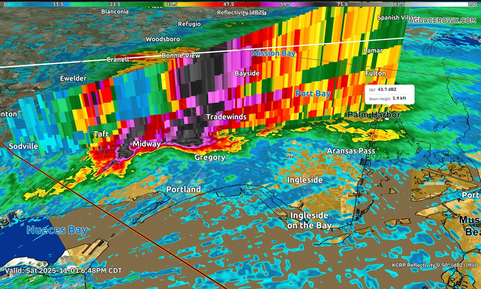 Radar cross section standing on the map through a storm near Corpus Christi