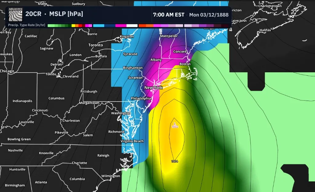20CR reanalysis of the Blizzard of 1888 over the Northeast