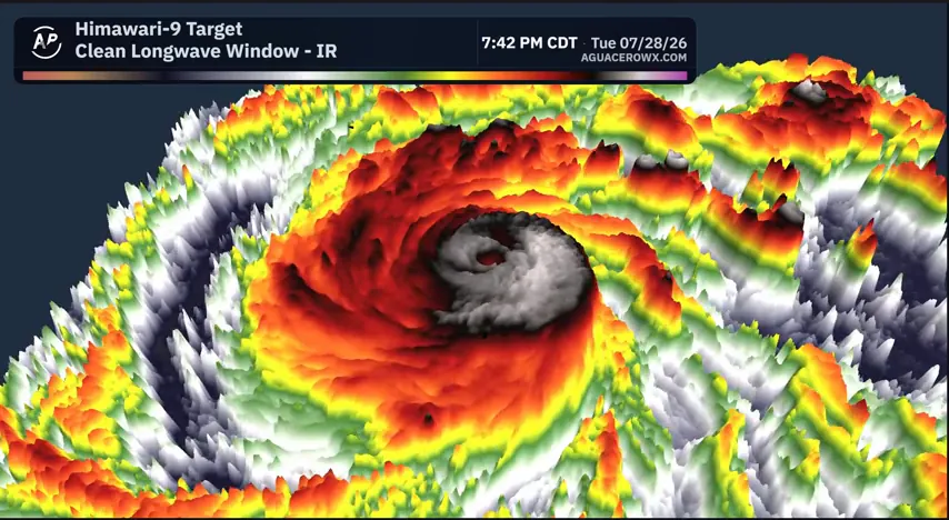 Himawari-9 clean longwave infrared cloud tops in 3D around a typhoon
