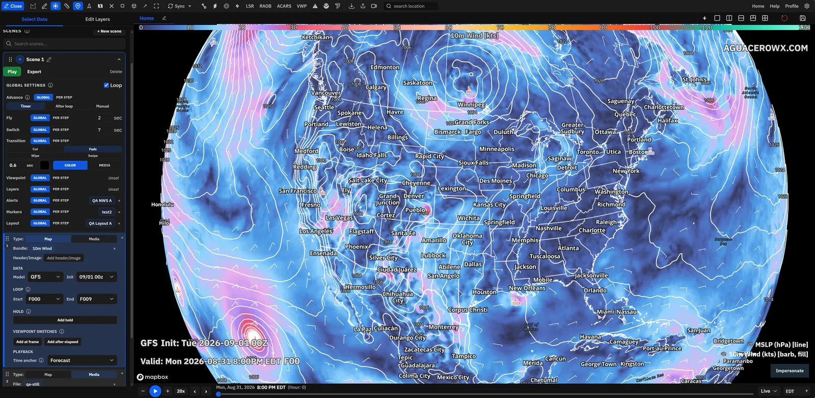 Scene editor next to a GFS globe view