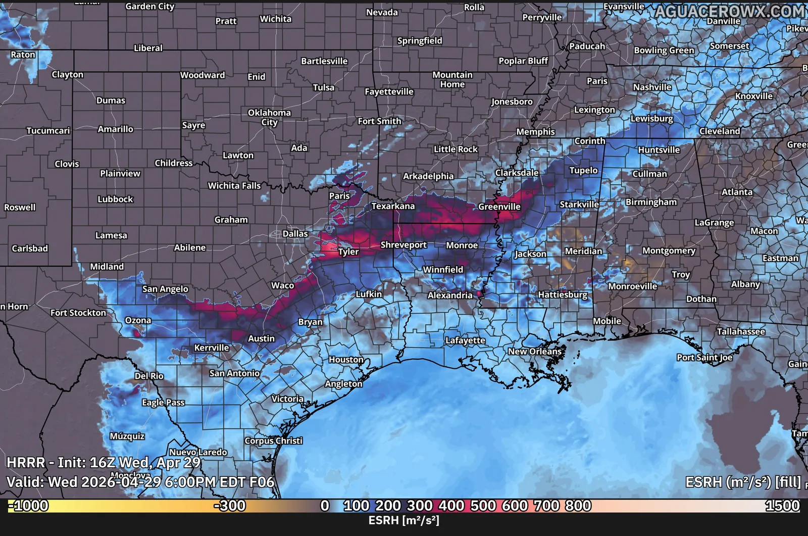 HRRR effective storm-relative helicity across the southern Plains