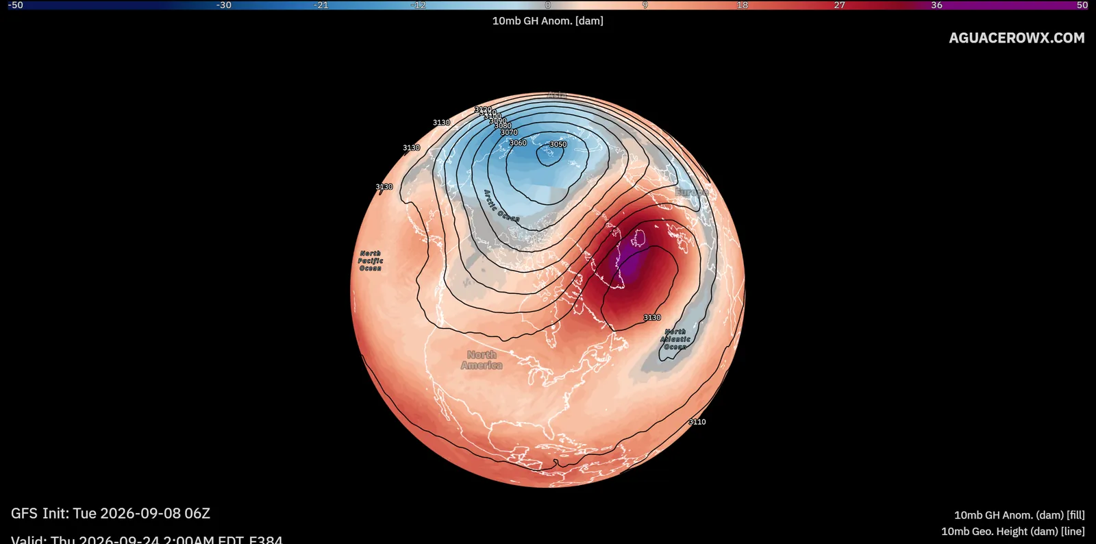 GFS 10 mb geopotential height anomaly centered on the North Pole