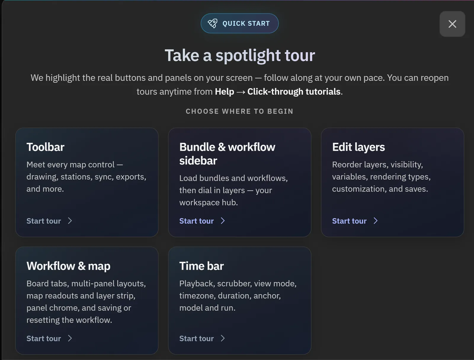 Spotlight tour picker in the Help menu
