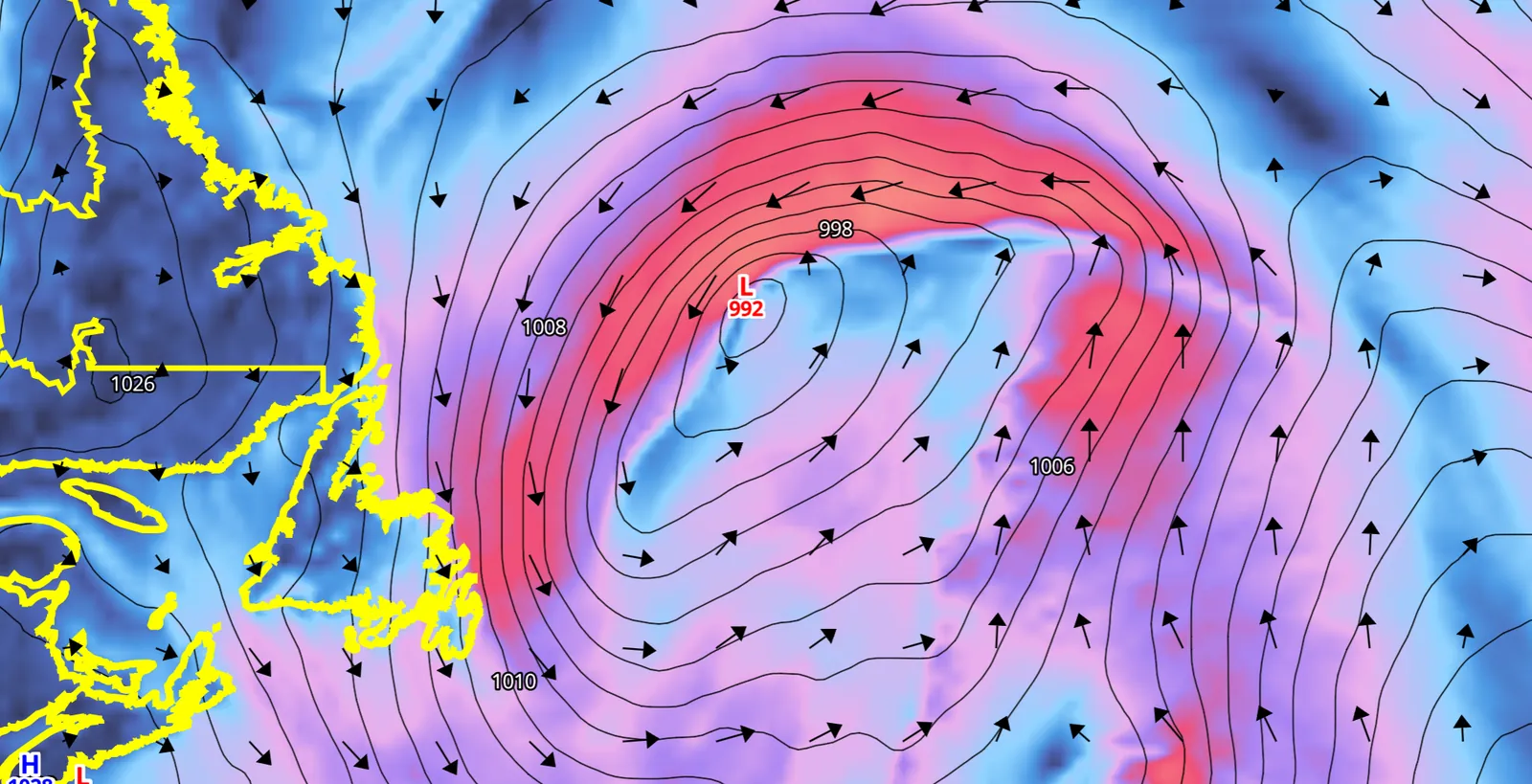 Wind vectors around a North Atlantic low