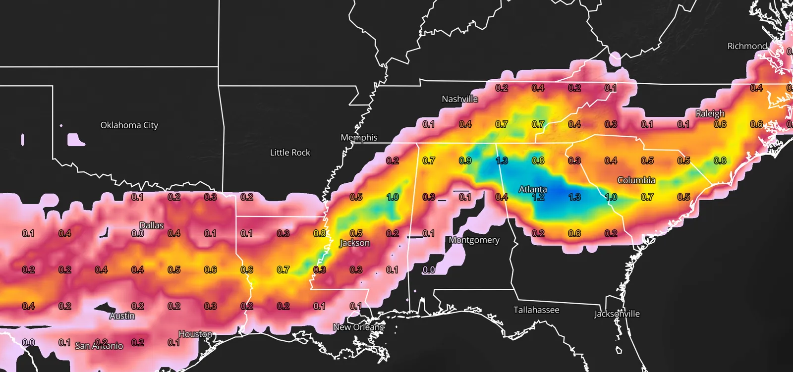 FRAM ice accumulation with point values across the Southeast