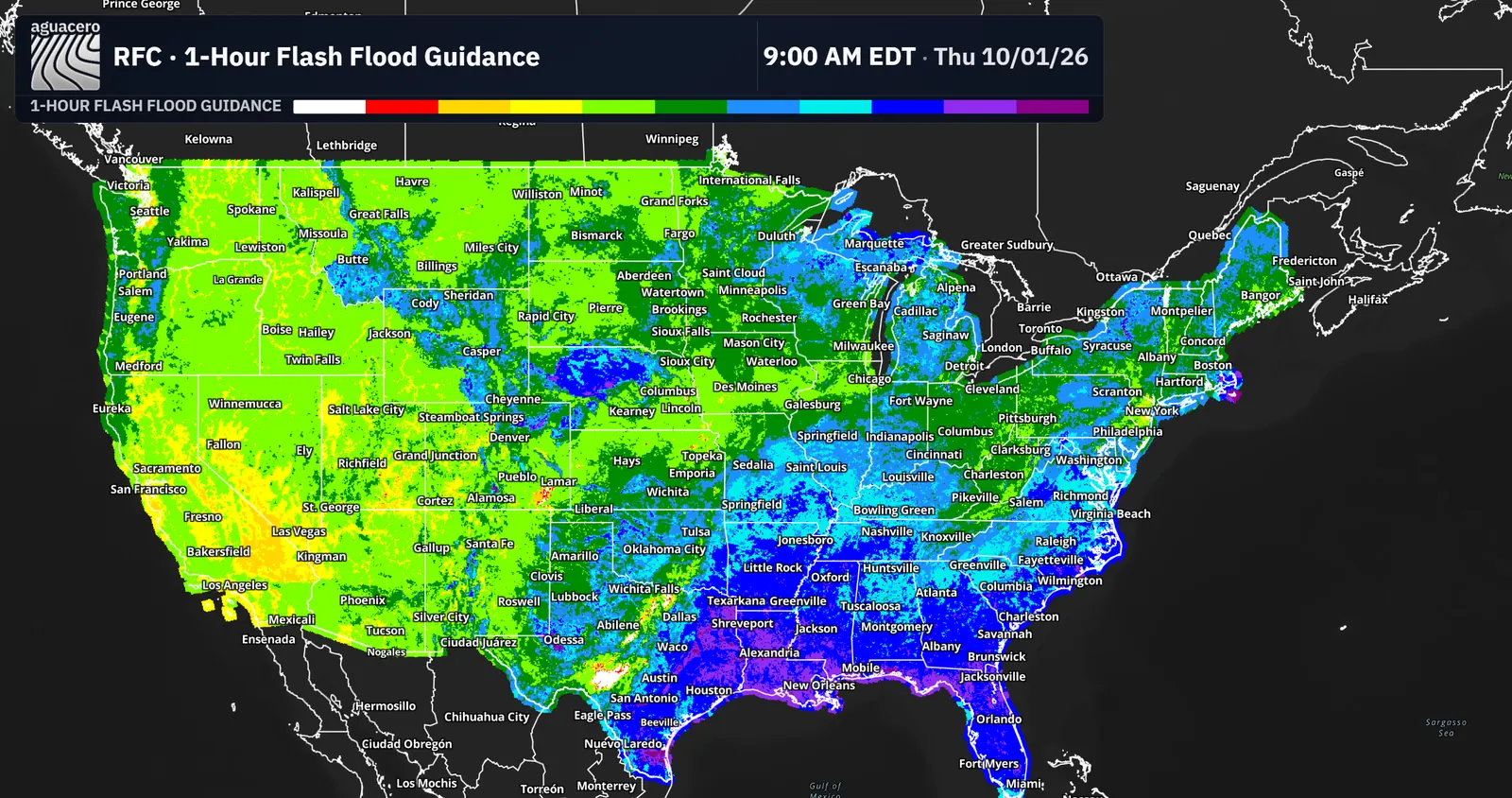 River Forecast Center one-hour flash flood guidance across the United States