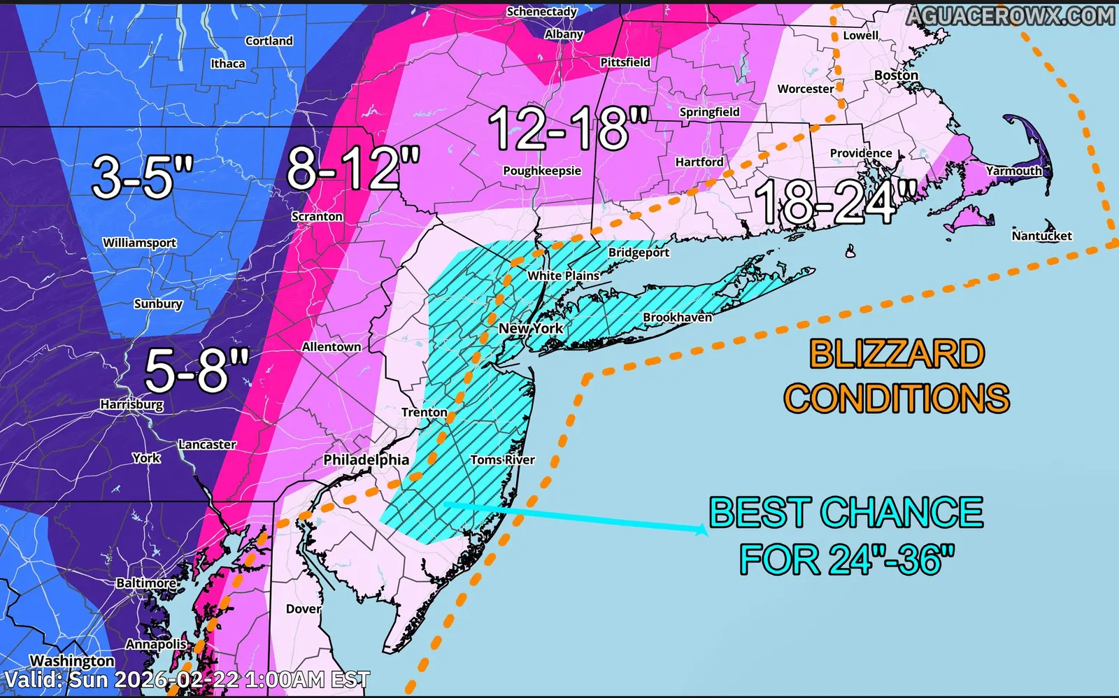 Hand-drawn snowfall forecast map for the Northeast made with the forecast drawing tools