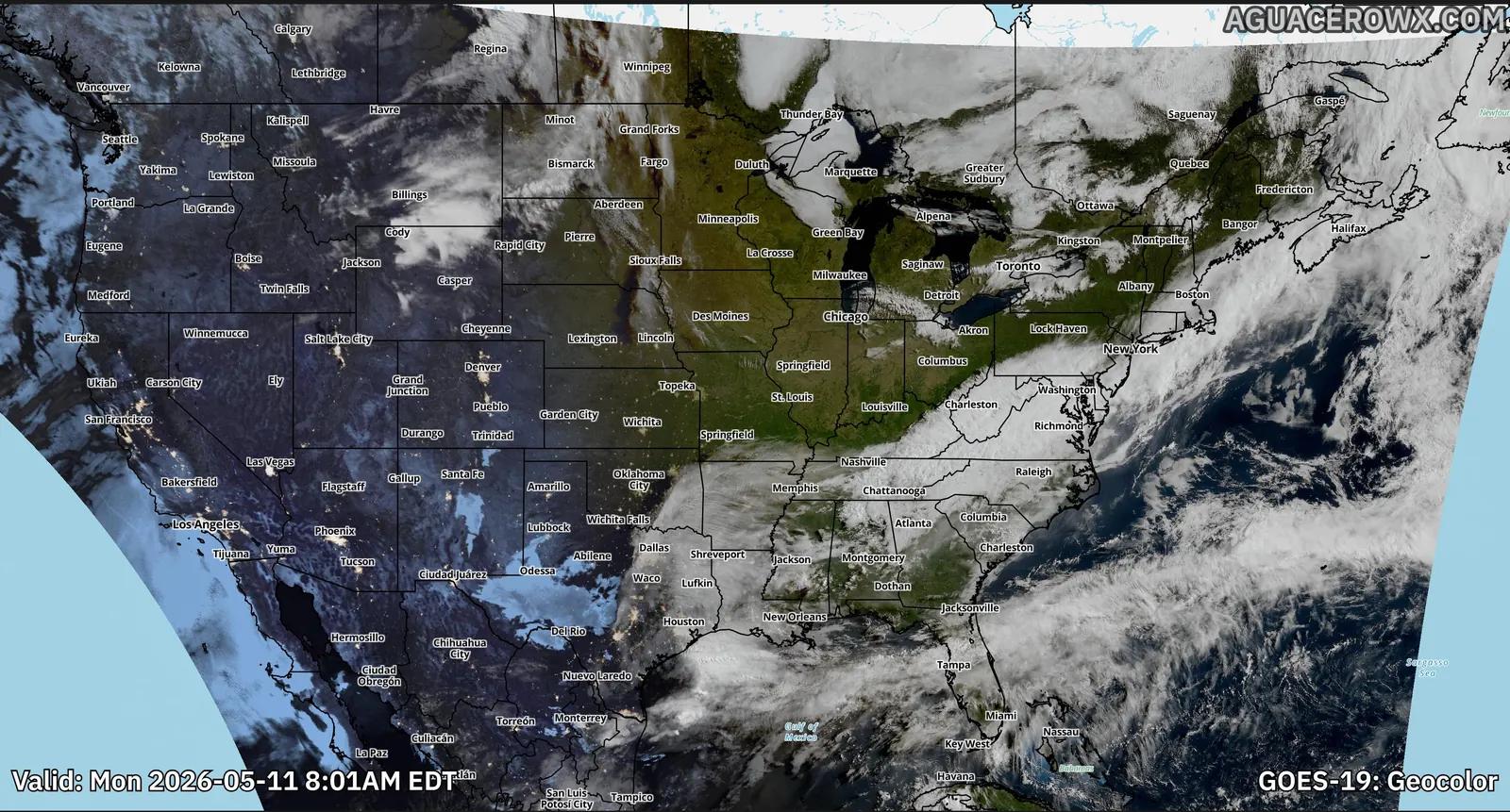 GOES-19 GeoColor satellite image of North America