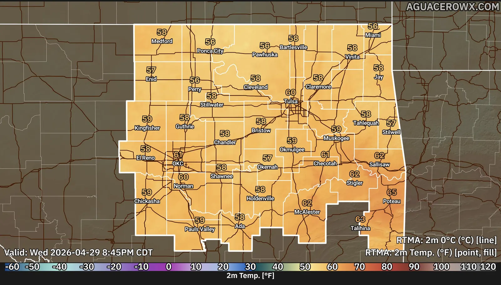 RTMA 2 m temperature with Oklahoma highlighted and county values plotted