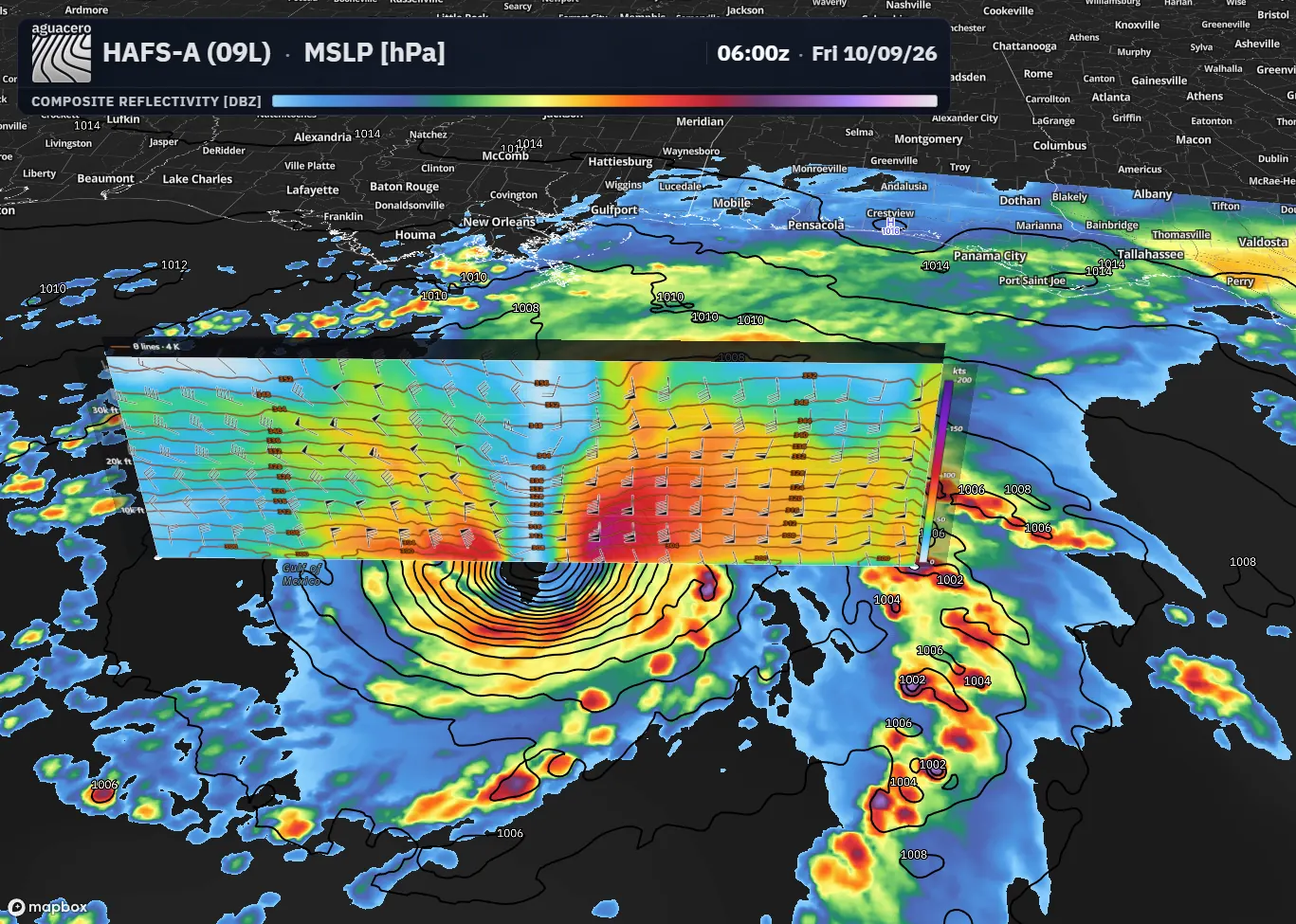 HAFS-A hurricane model cross section standing on the map through a tropical cyclone