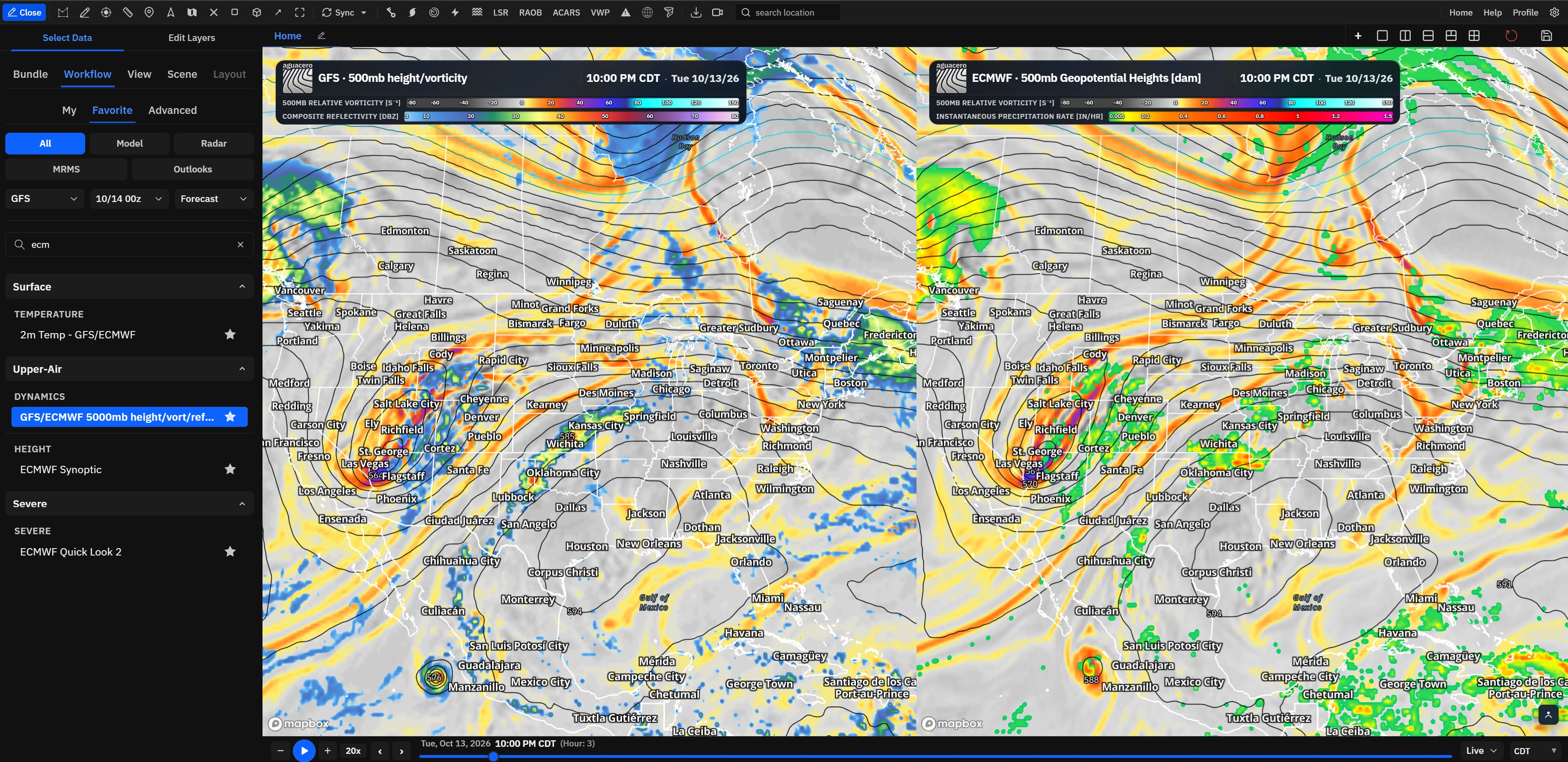 GFS and ECMWF 500 mb height and vorticity side by side