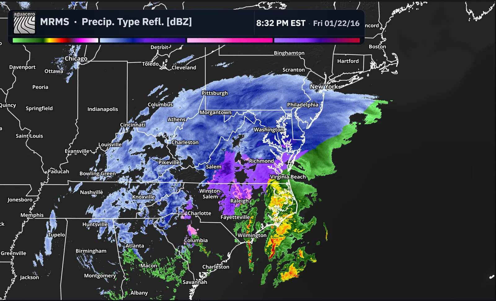MRMS precipitation-type reflectivity showing snow, sleet and rain during the January 2016 blizzard
