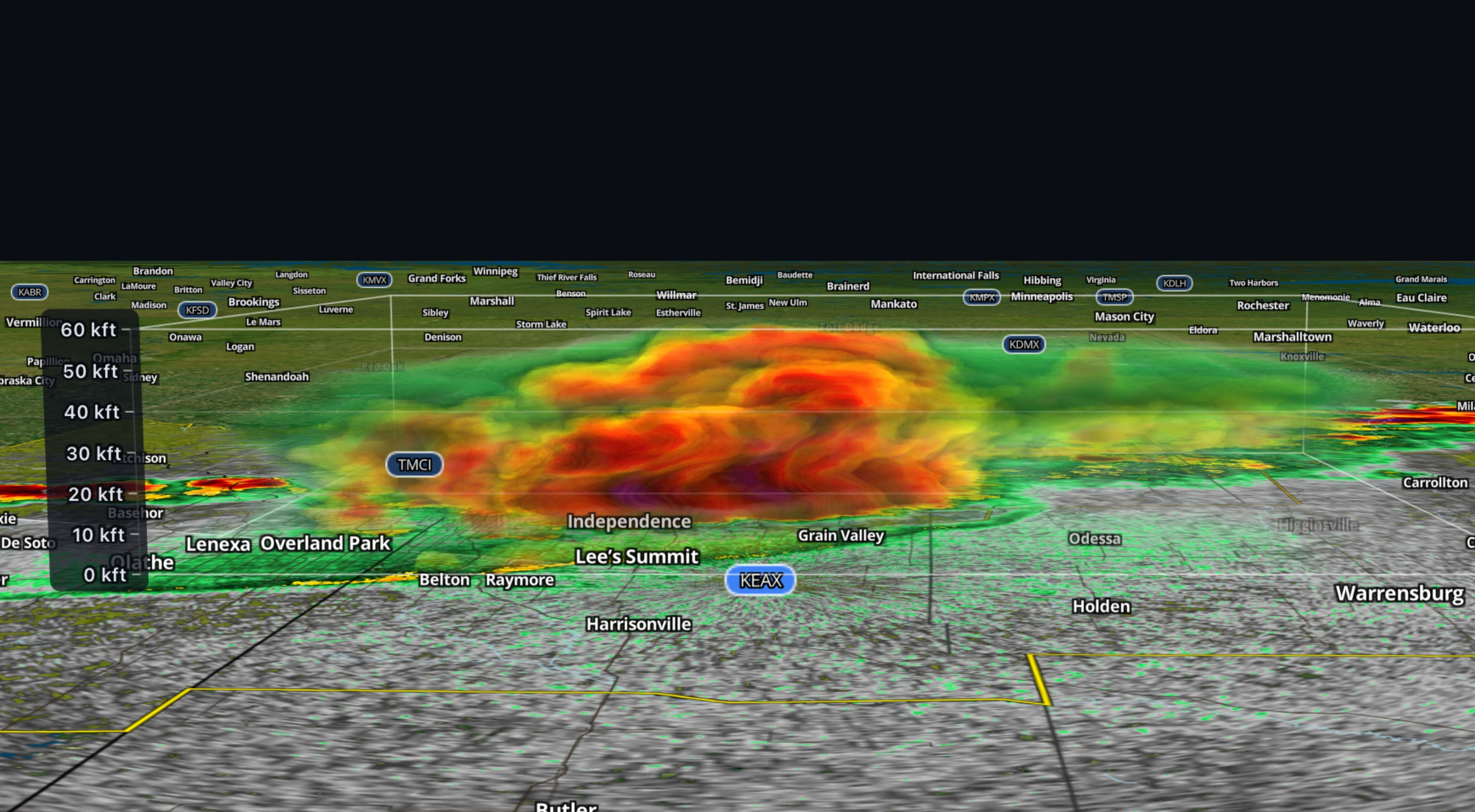 3D NEXRAD reflectivity volume of a thunderstorm near Kansas City
