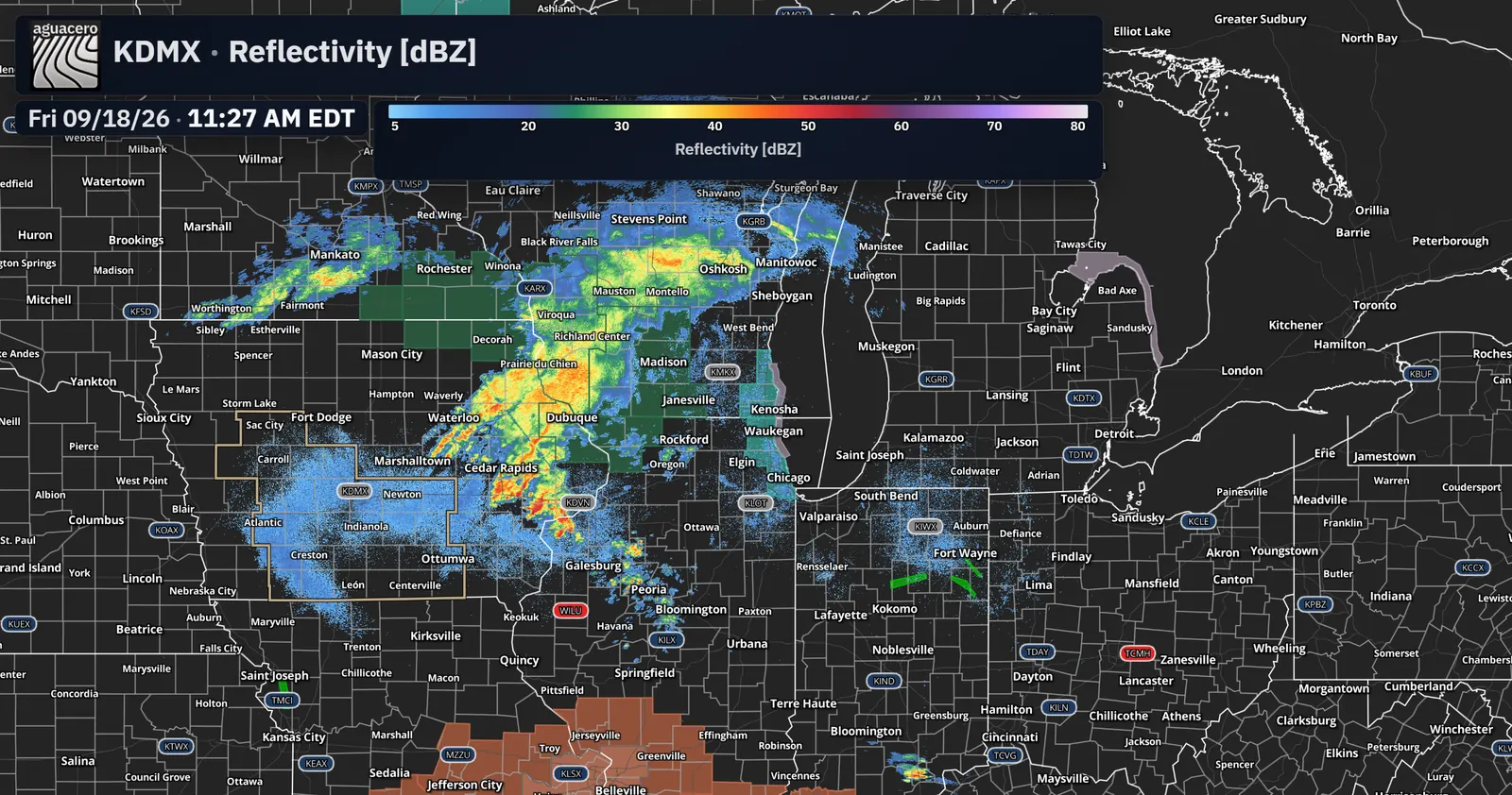 Reflectivity from several NEXRAD sites at once across Iowa and Illinois