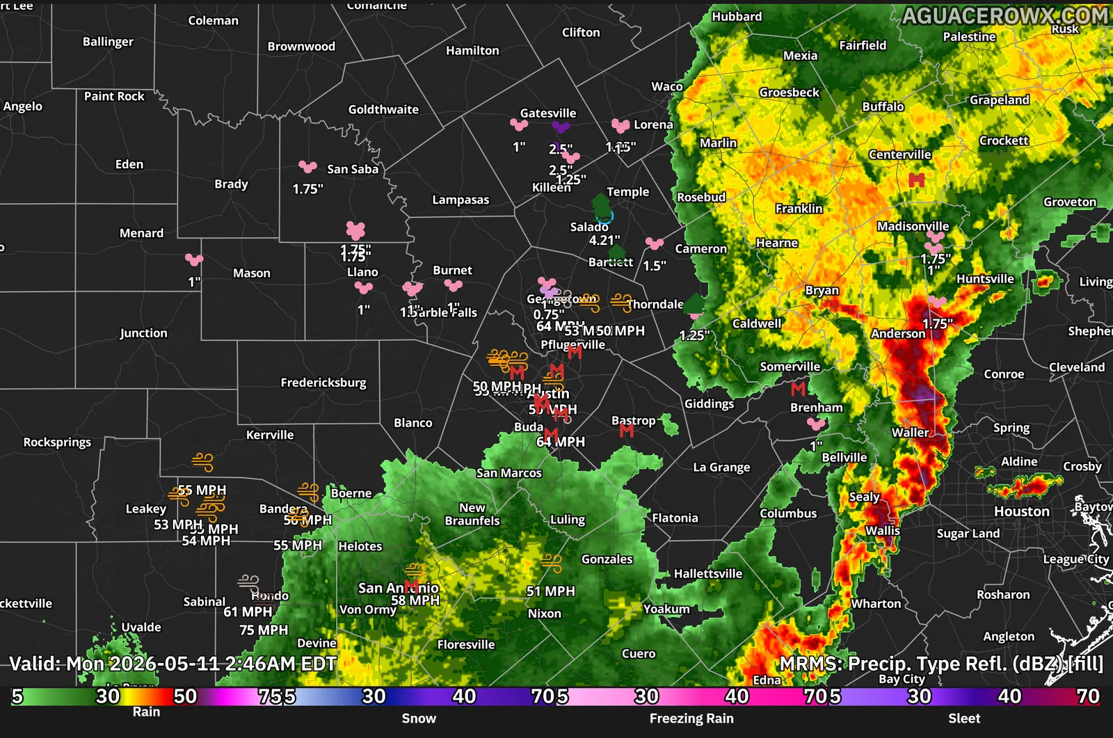 MRMS precipitation-type reflectivity over Texas with local storm reports for hail and wind