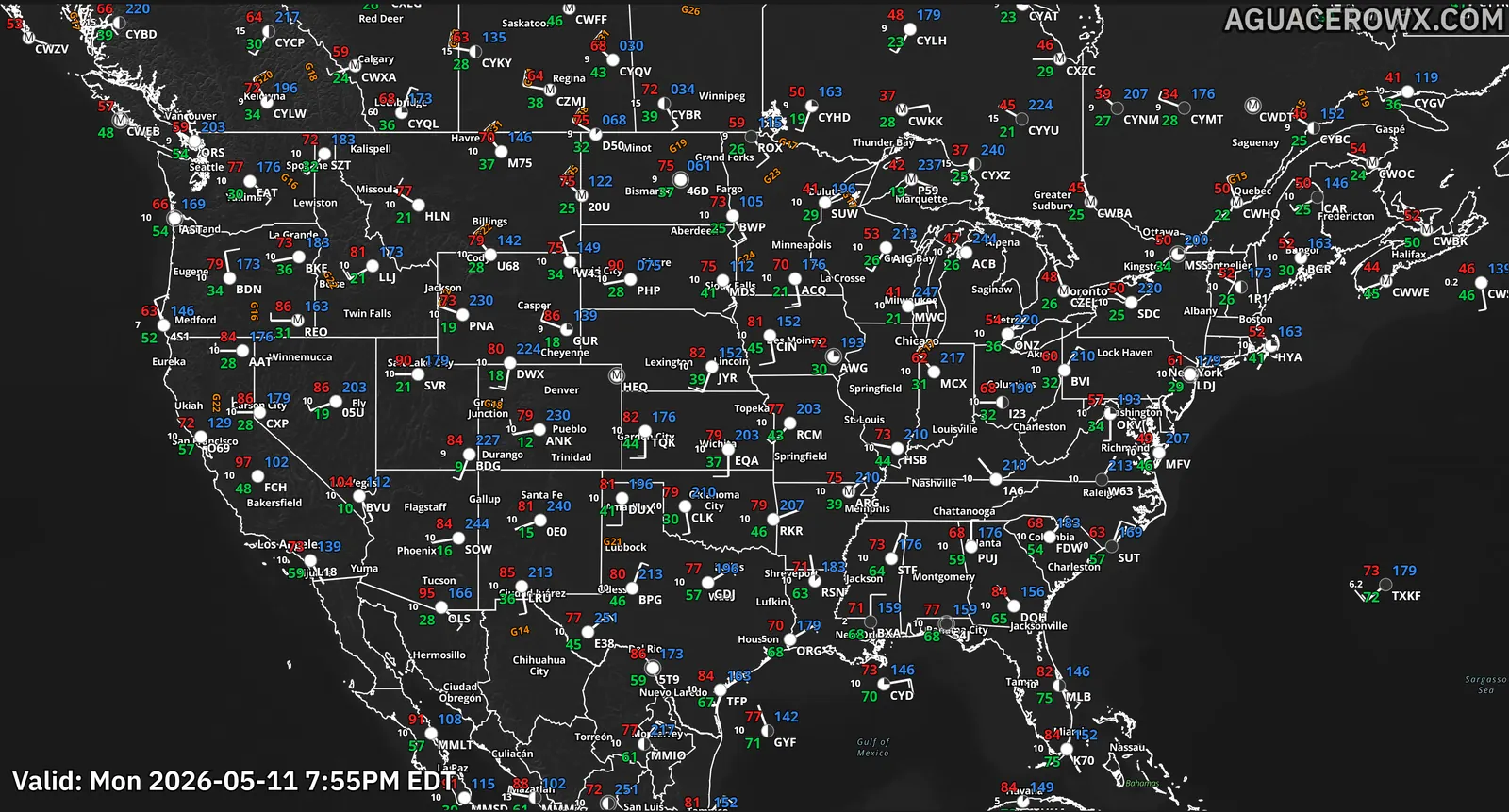 ASOS surface observation station plots across the United States