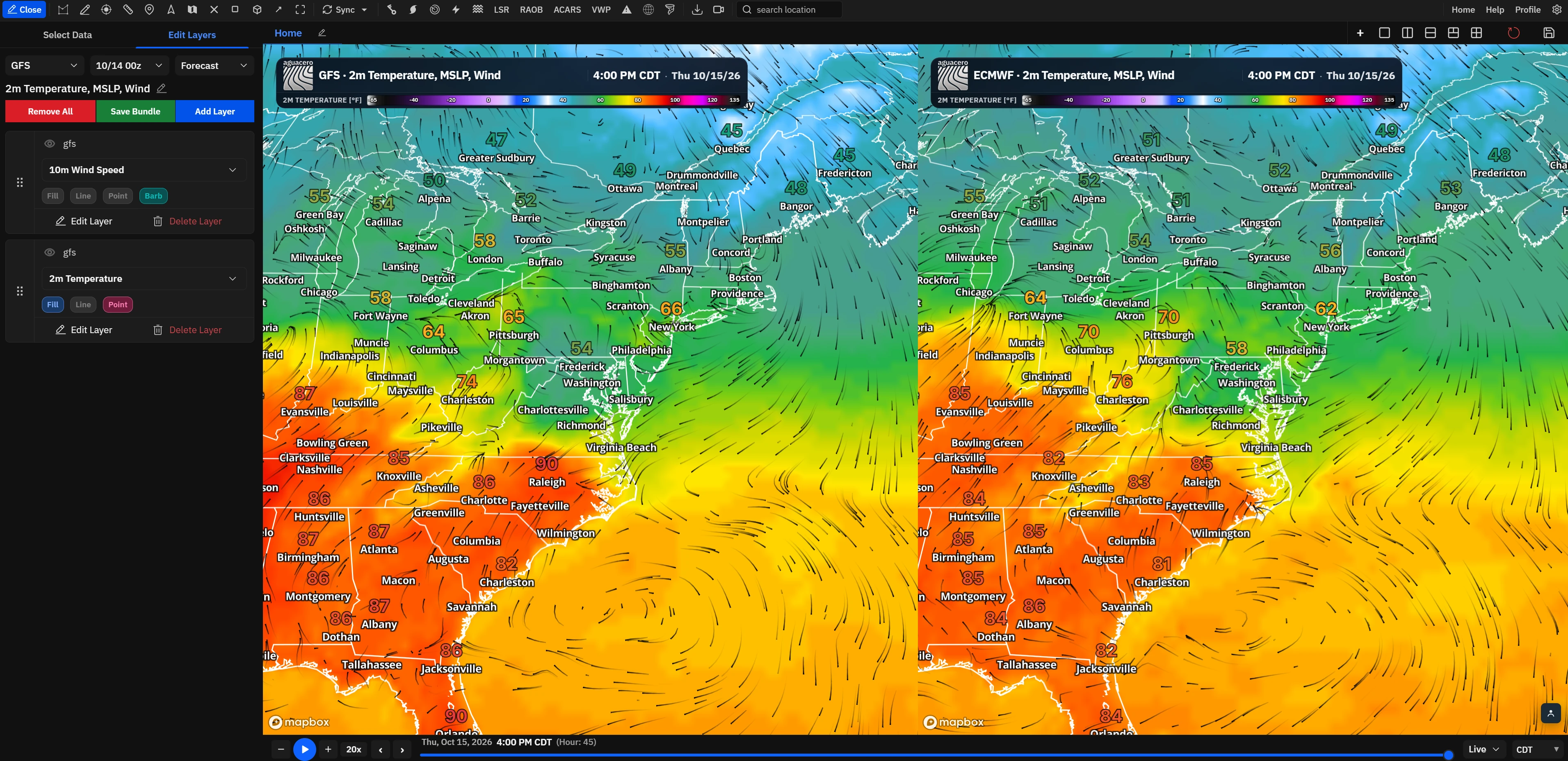 GFS and ECMWF 2 m temperature, pressure and wind side by side