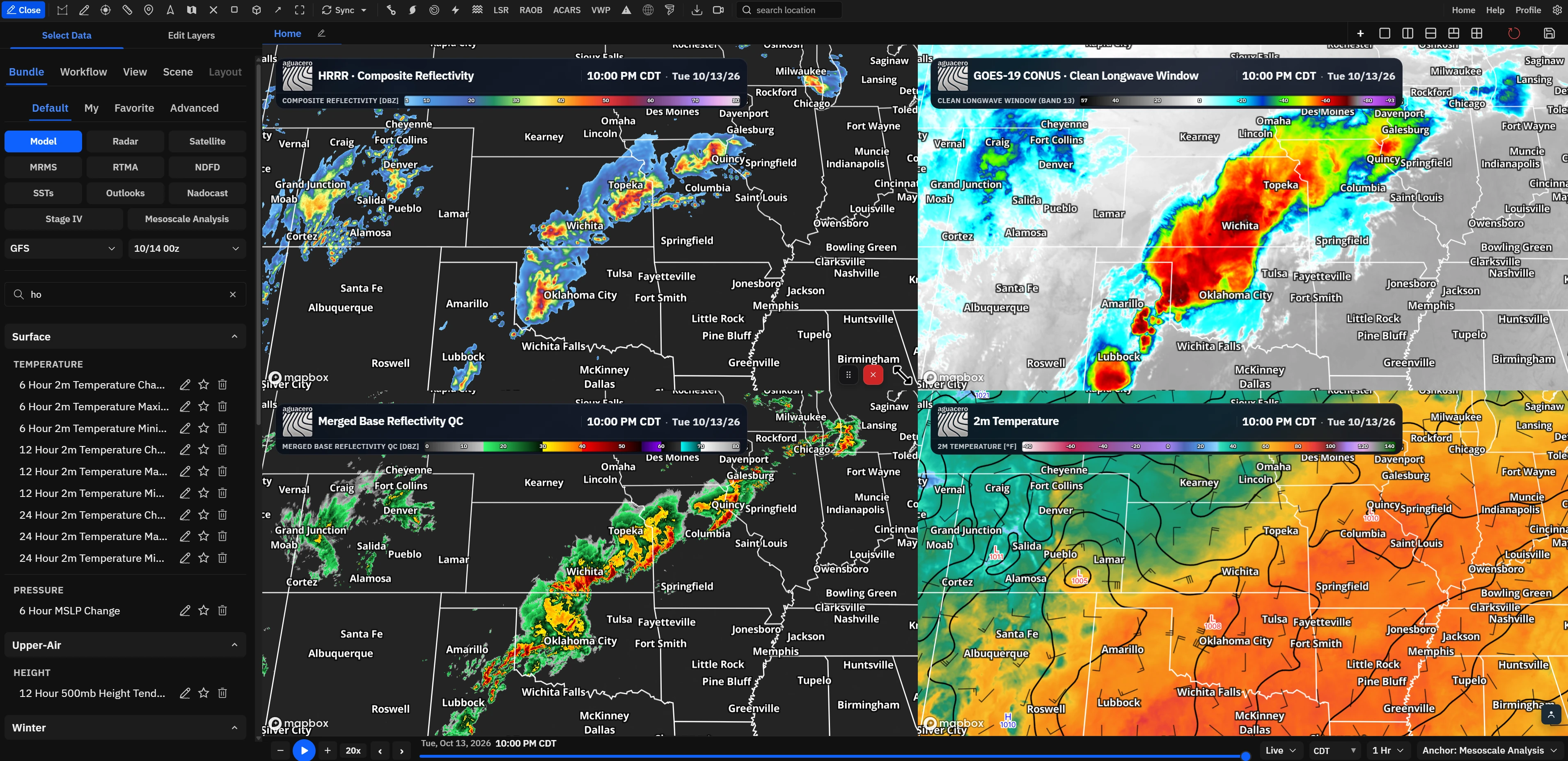 AguaceroWx workspace with four synced panels: HRRR composite reflectivity, GOES-19 clean longwave window, merged base reflectivity and 2 m temperature